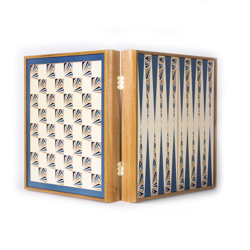 Handcrafted 5-in-1 Combo Game Collection - Chess, Backgammon, Ludo, Snakes & Checkers - Navy Blue (by Manopoulos) (CBLS34BLU)