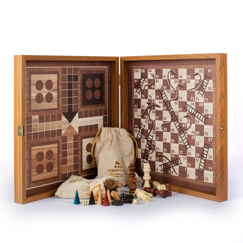 Handcrafted 5 - in - 1 Combo Game Collection - Chess, Backgammon, Ludo, Snakes & Checkers - Classic Style (by Manopoulos) - 5200430706434 - Crystal Lotus