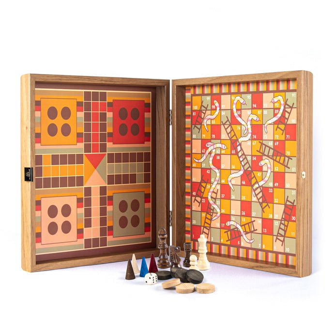 Handcrafted 5 - in - 1 Combo Game Collection - Chess, Backgammon, Ludo, Snakes & Checkers - Rainbow (by Manopoulos) - 5200430706458 - Crystal Lotus