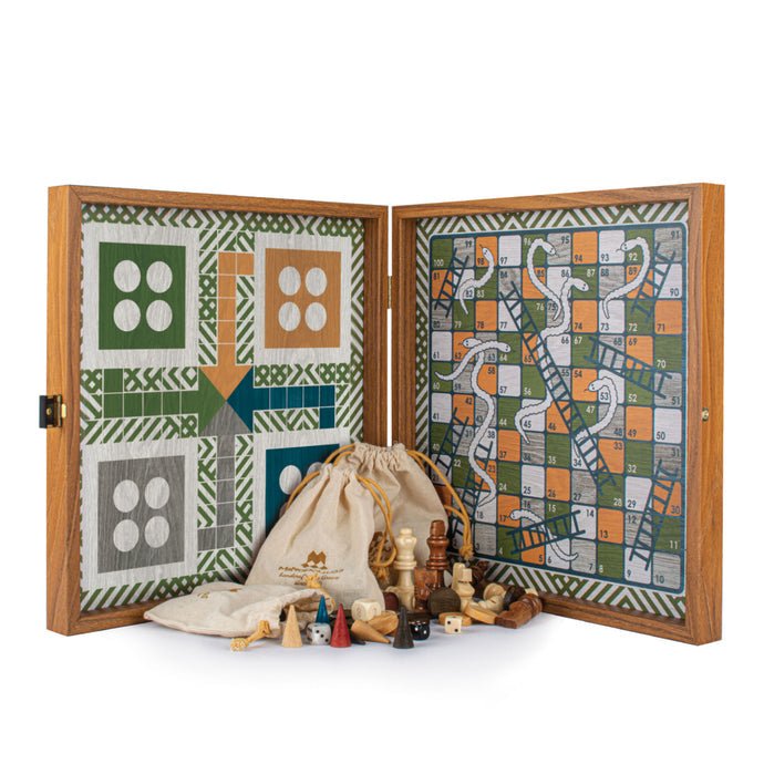 Handcrafted 5 - in - 1 Combo Game Collection - Chess, Backgammon, Ludo, Snakes & Checkers - Retro Design (by Manopoulos) - 5200430700722 - Crystal Lotus