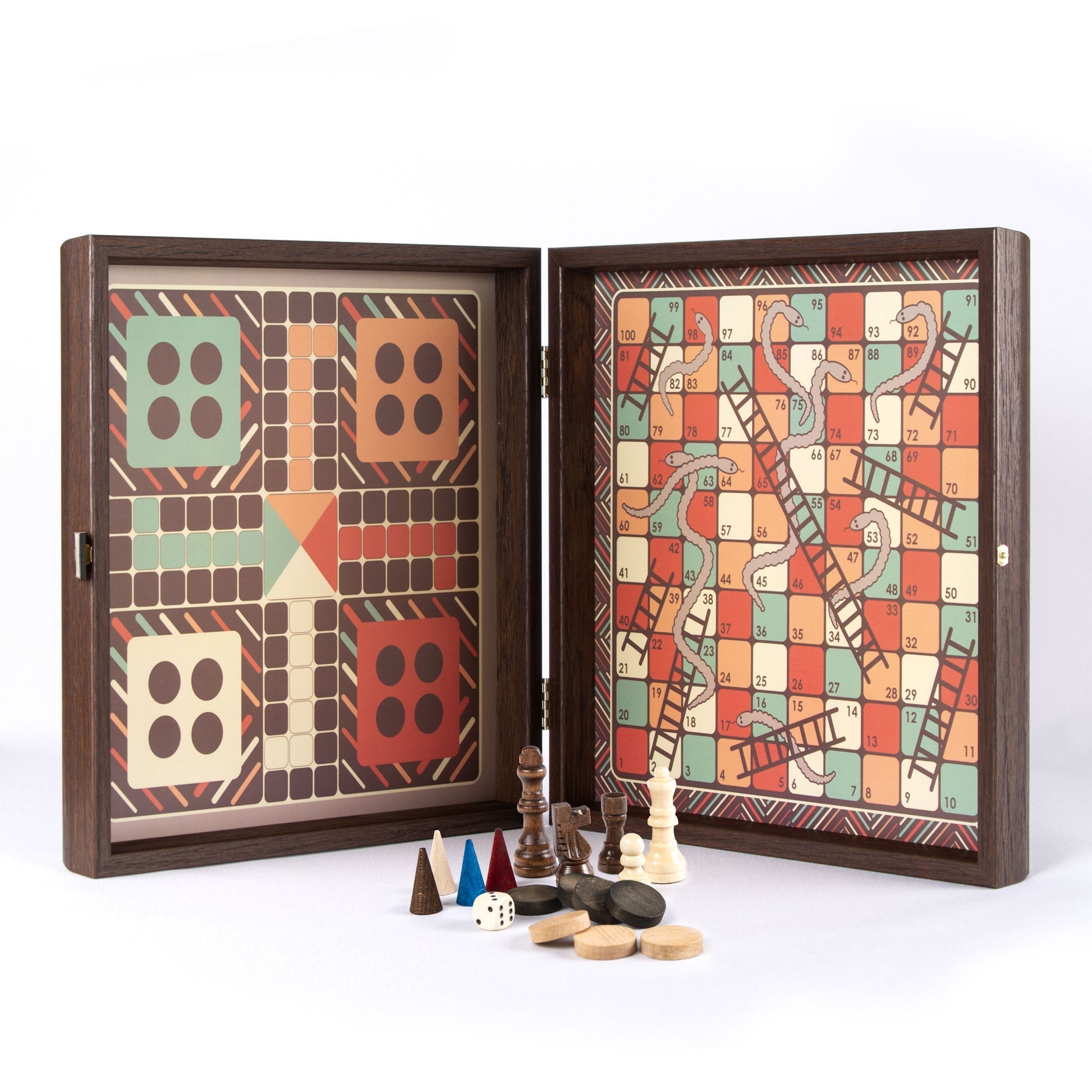Handcrafted 5 - in - 1 Combo Game Collection - Chess, Backgammon, Ludo, Snakes & Checkers - Vintage (by Manopoulos) - 5250000000028 - Crystal Lotus