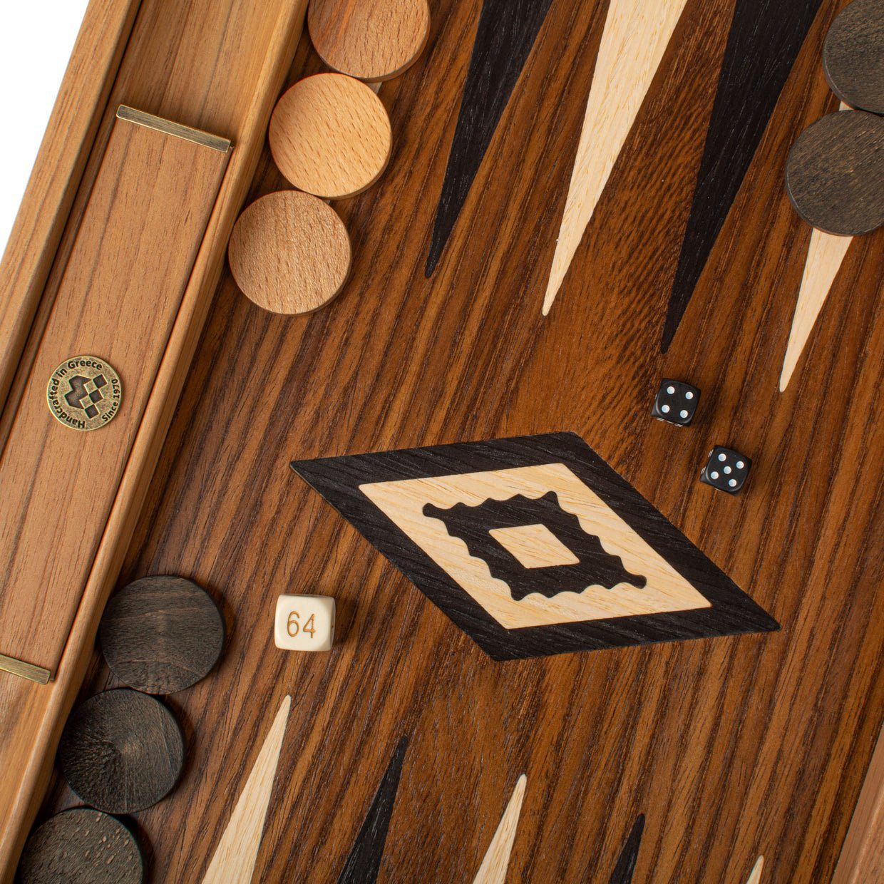 Handcrafted American Walnut Backgammon Set with Side Racks - Elegant Marquetry Design 48x60cm (by Manopoulos) (BKK1) - 5200430705321 - Crystal Lotus