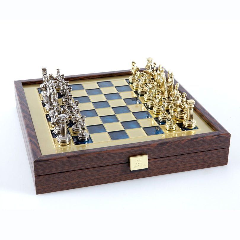 Handcrafted Greek Mythology Chess Set in Wooden Case – Gold & Silver Chessmen - Blue (Medium Size) (by Manopoulos) - 5250000000033 - Crystal Lotus
