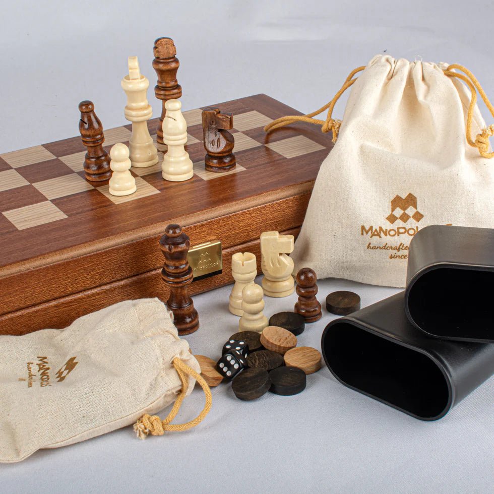 Handcrafted Mahogany 3 - in - 1 Chess, Backgammon, and Checkers Set - Elegant Marquetry Design 48 x 52cm (by Manopoulos) - 5250000000054 - Crystal Lotus