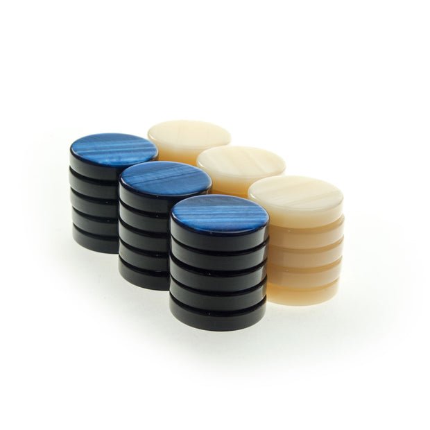 Handcrafted Premium Mother of Pearl Acrylic Checkers in Blue and Ivory (Large Size 36mm) (by Manopoulos) - 5250000000076 - Crystal Lotus