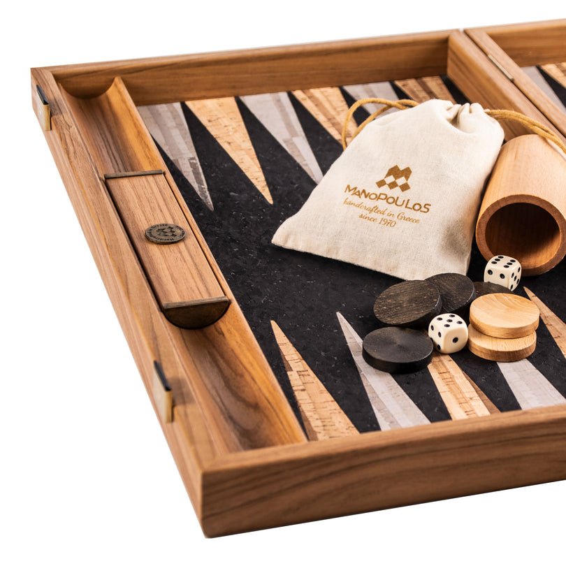 Premium Handcrafted Black Natural Cork Backgammon Set with Oak Wood Checkers 48x60cm (by Manopoulos) - 5200430706113 - Crystal Lotus