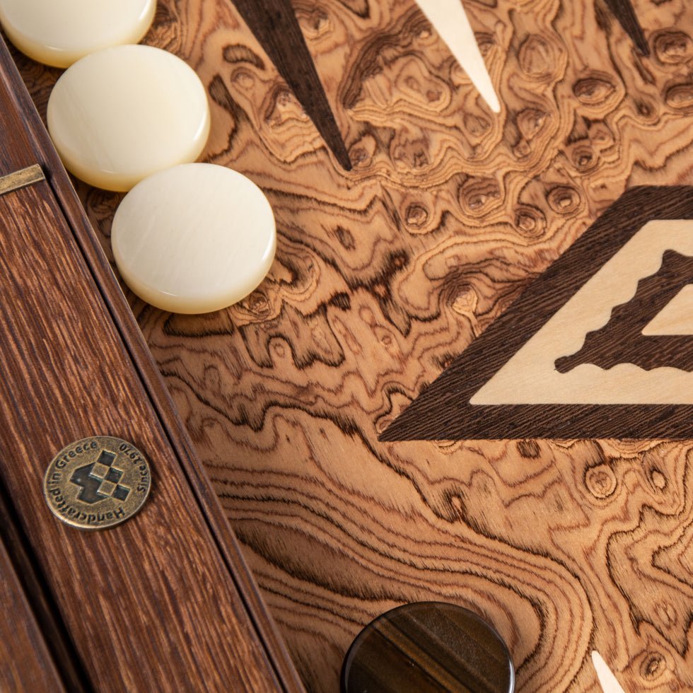 Premium Handcrafted Walnut Burl Backgammon Set with Side Racks 48x60cm (by Manopoulos) (BJJ1) - 5200430705956 - Crystal Lotus