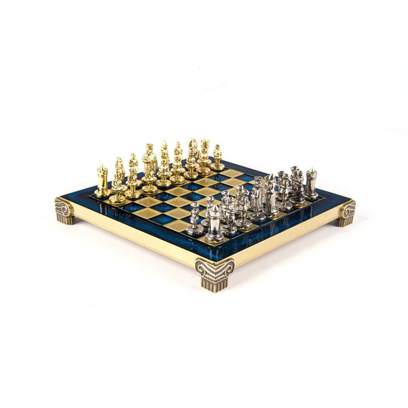 Premium Metalic Chess Set - Byzantine Empire Chessmen in Gold & Silver - Blue & Gold Chessboard 20x20cm (by Manopoulos) - 5200430708247 - Crystal Lotus