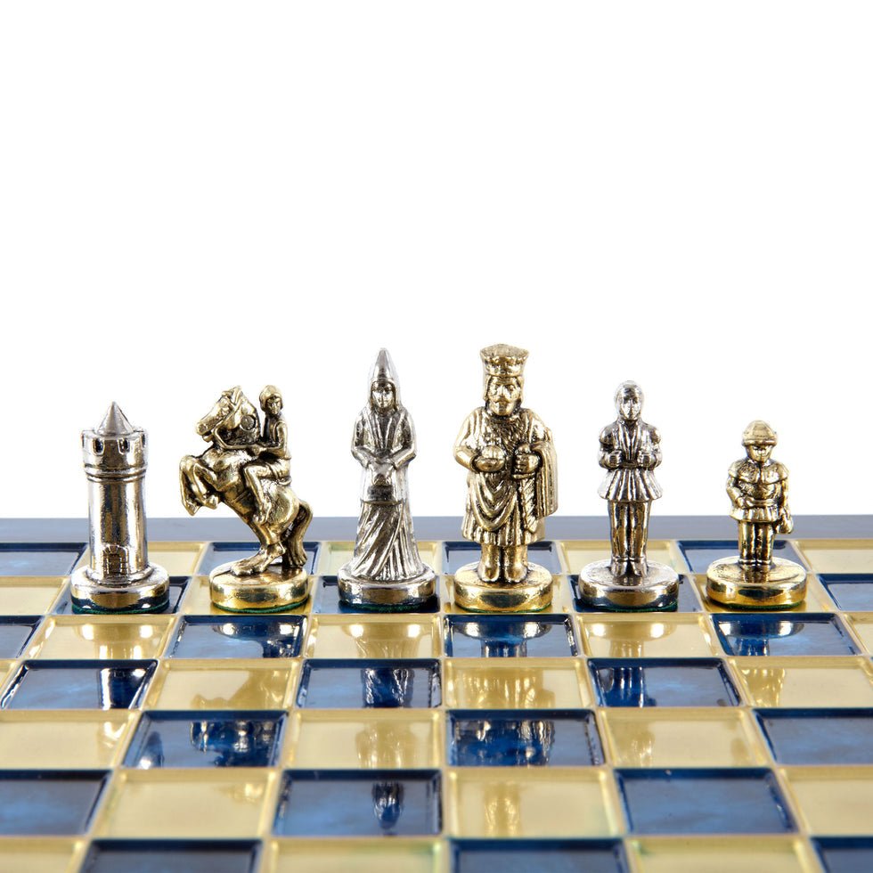 Premium Metalic Chess Set - Byzantine Empire Chessmen in Gold & Silver - Blue & Gold Chessboard 20x20cm (by Manopoulos) (S1BLU) - 5200430708247 - Crystal Lotus