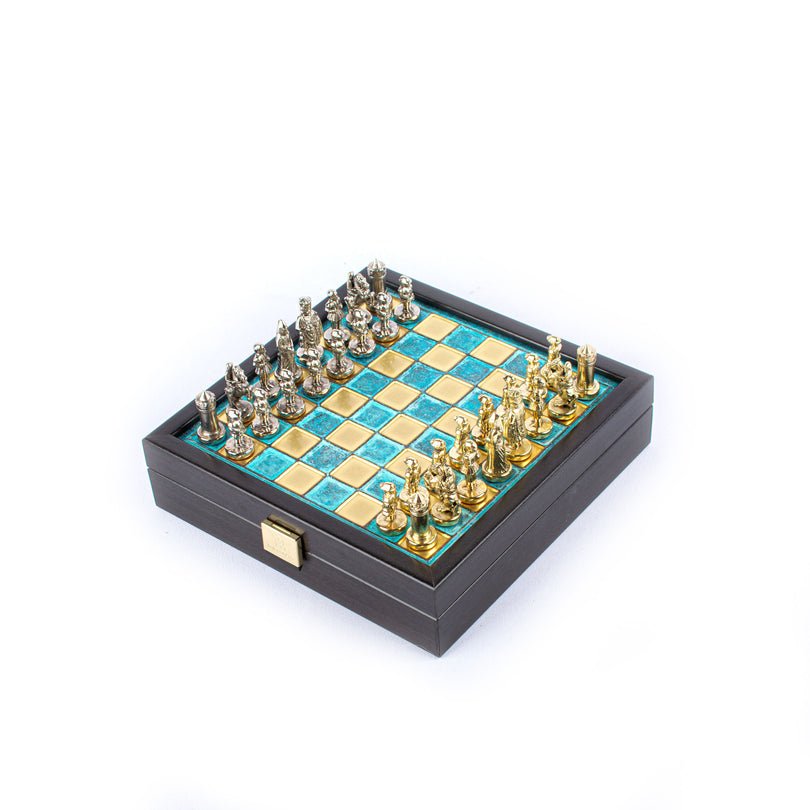 Premium Metalic Chess Set - Byzantine Empire Chessmen in Gold & Silver - Wooden Box with Blue Chessboard 20x20cm (by Manopoulos) - 5200430711551 - Crystal Lotus