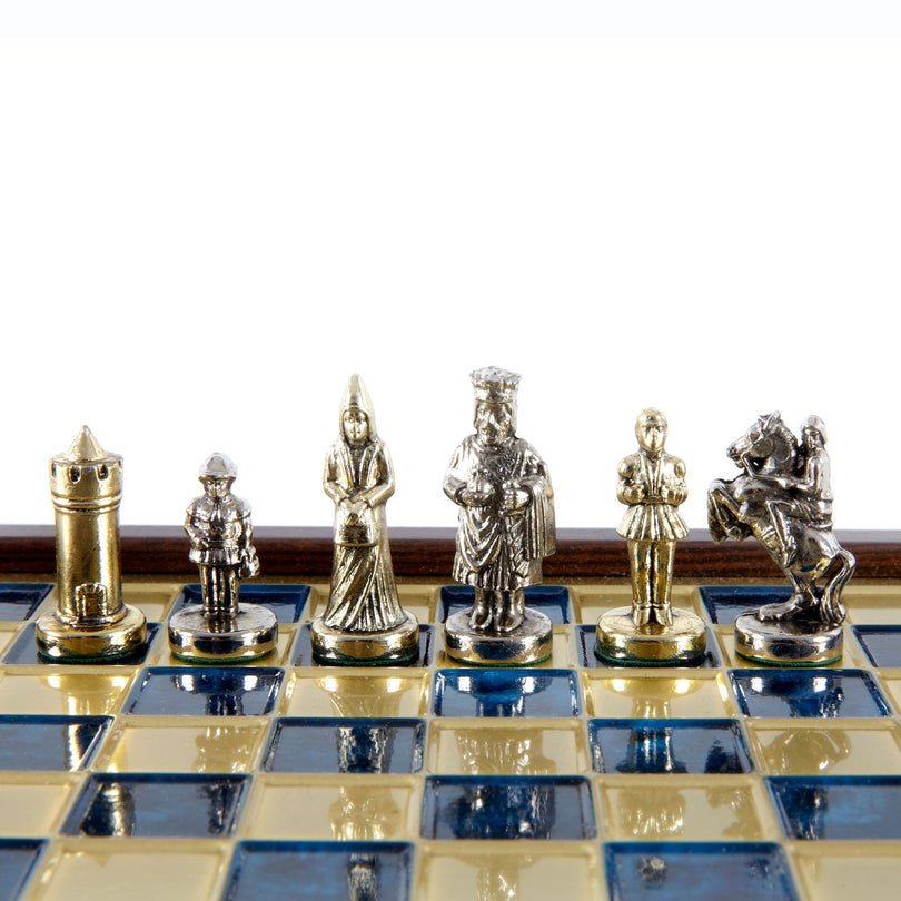 Premium Metalic Chess Set - Byzantine Empire Chessmen in Gold & Silver - Wooden Box with Blue Chessboard 20x20cm (by Manopoulos) (SK1BLU) - 5200430711551 - Crystal Lotus