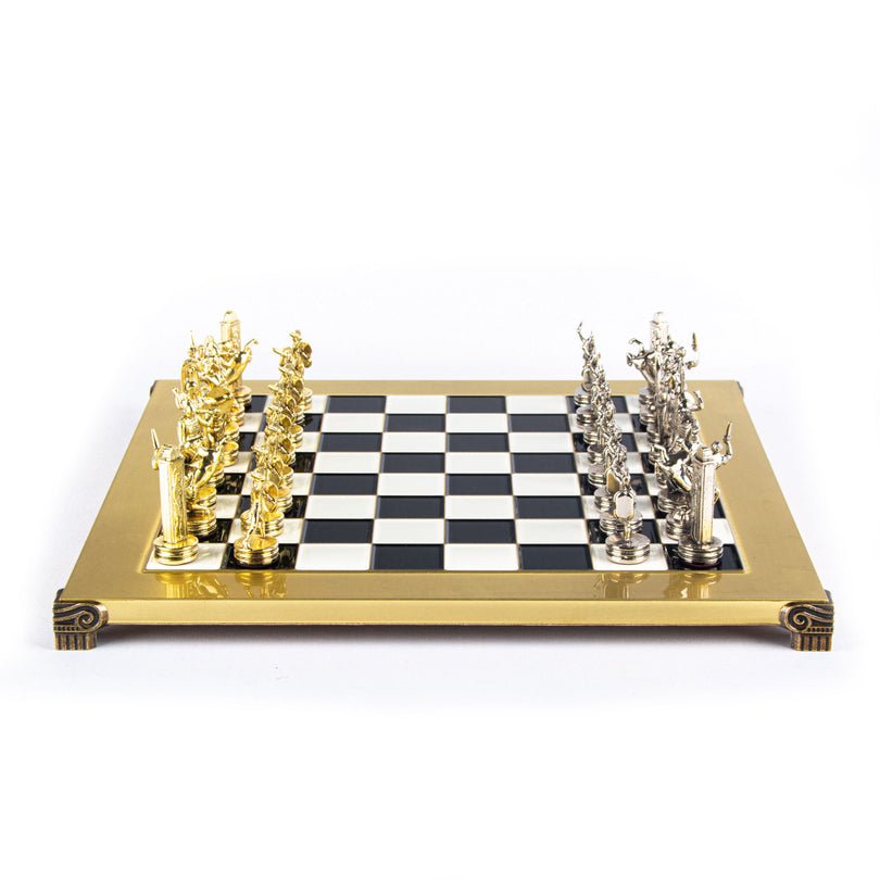 Premium Metalic Chess Set - Greek Roman Period Chessmen in Gold & Silver - Blue & Gold Chessboard 36x36cm (by Manopoulos) - 5200430709282 - Crystal Lotus