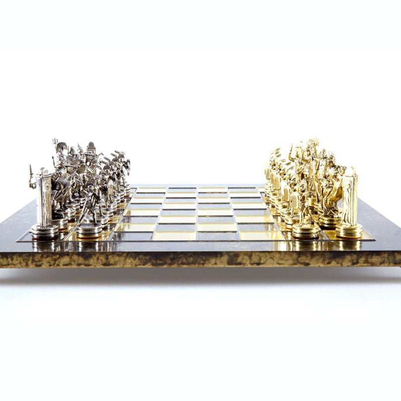 Premium Metalic Chess Set - Greek Roman Period Chessmen in Gold & Silver - Blue & Gold Chessboard 36x36cm (by Manopoulos) (S4BLU) - 5200430709282 - Crystal Lotus