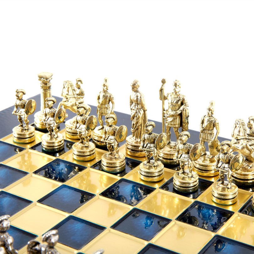 Premium Metalic Chess Set - Greek Roman Period Chessmen in Gold & Silver - Bronze Chessboard 28x28cm (by Manopoulos) (S3BLU) - 5200430708438 - Crystal Lotus
