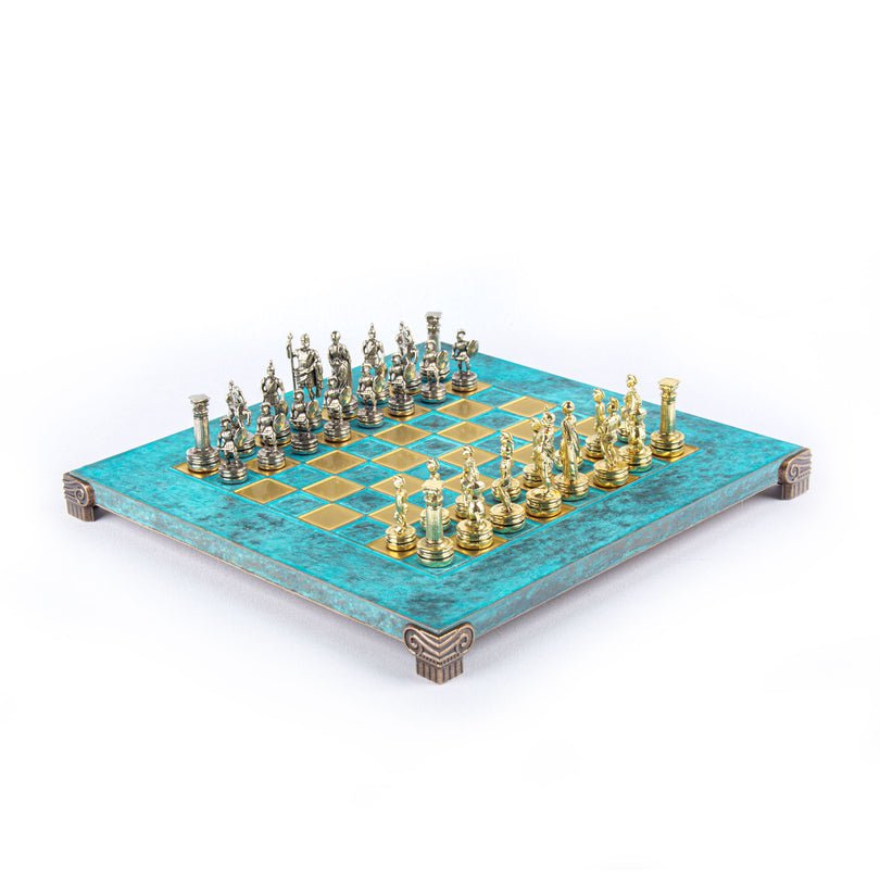 Premium Metalic Chess Set - Greek Roman Period Chessmen in Gold & Silver - Turquoise Chessboard 28x28cm (by Manopoulos) - 5200430708469 - Crystal Lotus
