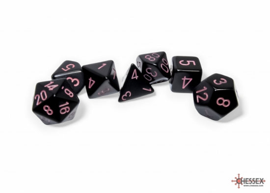 Chessex CHX25448 - Opaque Black/Pink Polyhedral 7-Dice Set - 601982044695 - crystallotus.eu