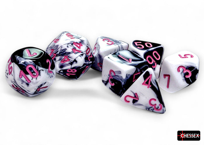 Chessex CHX26469 - Gemini Black-White/pink Polyhedral 7-Dice Set - 601982045593 - crystallotus.eu