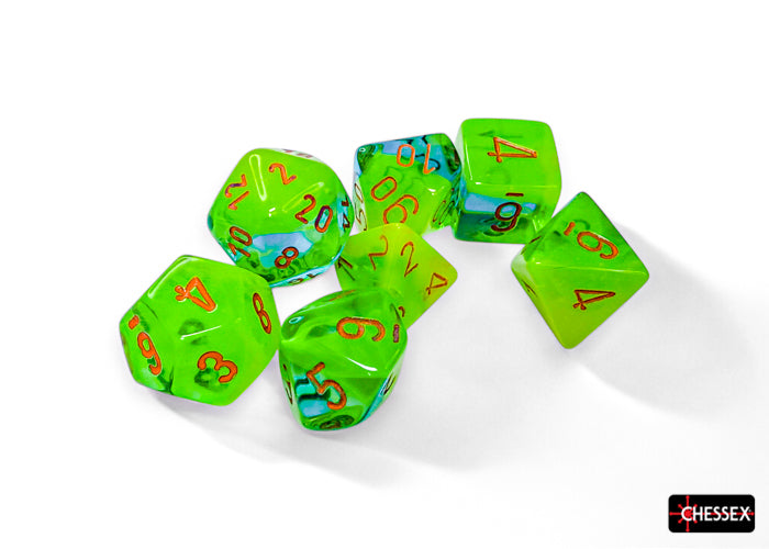 Chessex CHX26470 - Gemini Plasma Green-Teal/orange Luminary Polyhedral 7-Dice Set - 601982045746 - crystallotus.eu