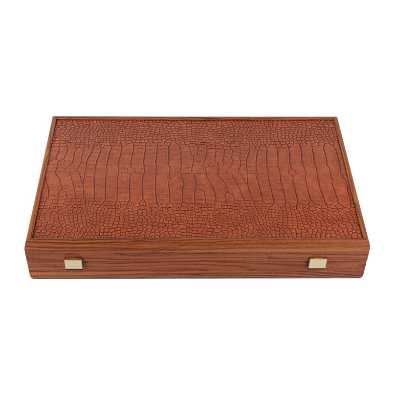 Premium Handcrafted Leatherette Crocodile Tote Backgammon Set - Caramel Brown, Rustic &amp; Ivory 48x60cm (by Manopoulos) (BDE1CBR)