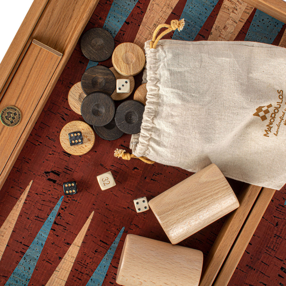 Premium Handcrafted Red Natural Cork Backgammon Set with Oak Wood Checkers 48x60cm (by Manopoulos) (BFF1RED)