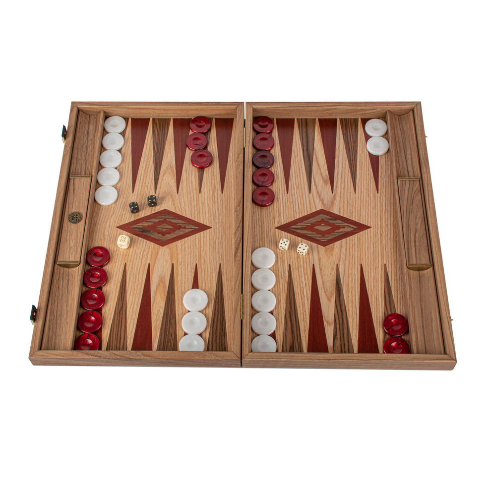 Premium Handcrafted Oak/Dark Red &amp; American Walnut Backgammon Set with Side Racks - Elegant Marquetry Design 48x60cm (by Manopoulos) (BKD1RED)