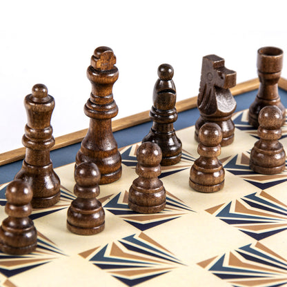 Handcrafted 5-in-1 Combo Game Collection - Chess, Backgammon, Ludo, Snakes &amp; Checkers - Navy Blue (by Manopoulos) (CBLS34BLU)