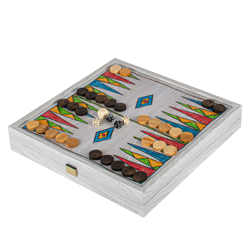 Handcrafted 5-in-1 Combo Game Collection - Chess, Backgammon, Ludo, Snakes &amp; Checkers - Rainbow Whimsy (by Manopoulos) (CBLS34FTH)