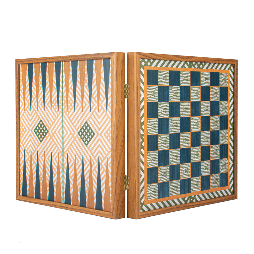 Handcrafted 5-in-1 Combo Game Collection - Chess, Backgammon, Ludo, Snakes &amp; Checkers - Retro Design (by Manopoulos) (CBLS34GRE)
