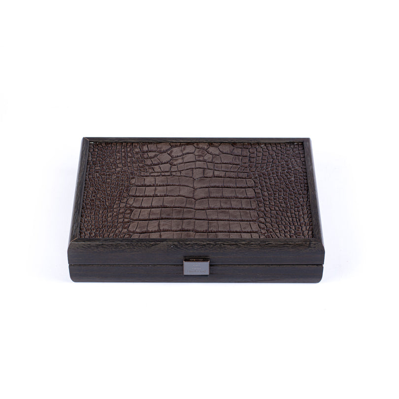 Luxury Plastic-Coated Playing Cards in Dark Grey Leather Croc Tote &amp; Wooden Case 24 x 17cm (by Manopoulos)