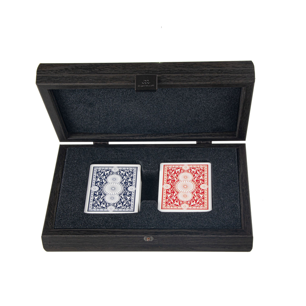 Luxury Plastic-Coated Playing Cards in Dark Grey Leather Croc Tote &amp; Wooden Case 24 x 17cm (by Manopoulos) (CLE10CBL)