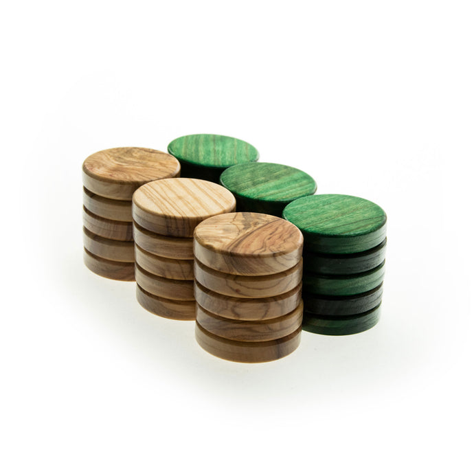 Handcrafted Premium Olive Wood Checkers in Green and Natural Wood (Large 36mm) (by Manopoulos) (PB1GRE)
