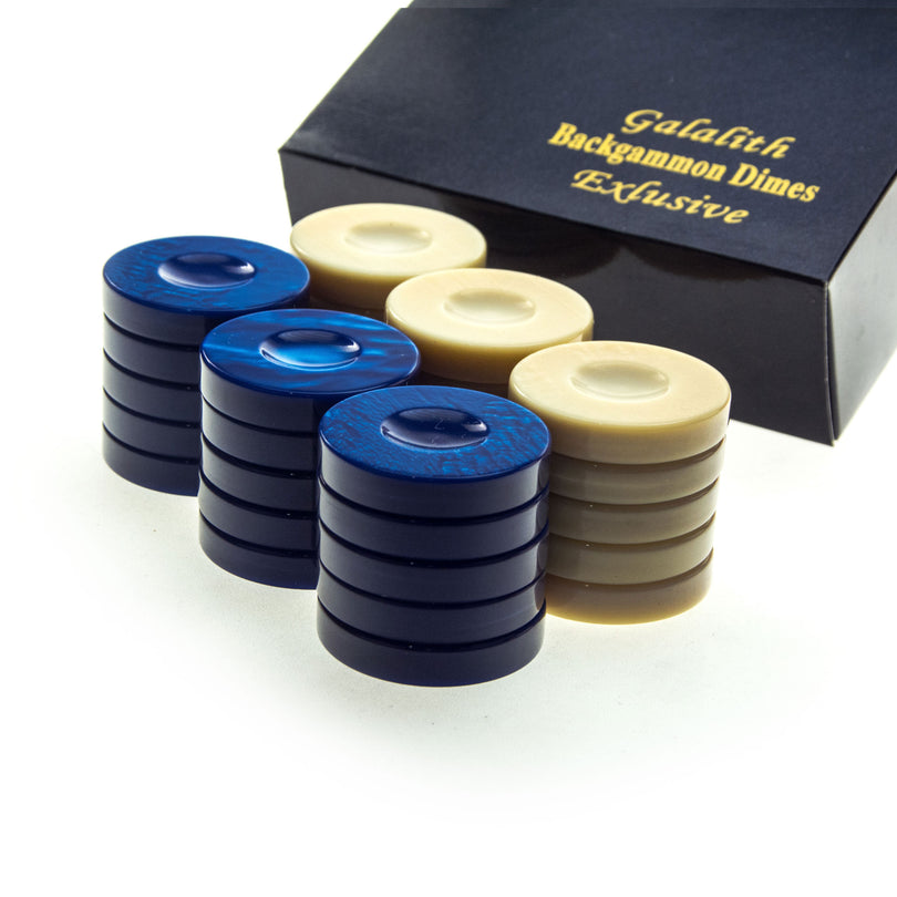 Handcrafted Premium Galalith Checkers in in Blue and Ivory (Large 36mm) (by Manopoulos) (PG1BLU)