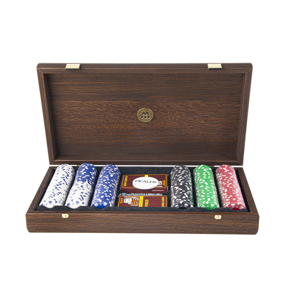 Luxury Poker Set in Dark Walnut Wooden Handcrafted Case with Californian Burl Veneer (by Manopoulos) (PVE20.300U)