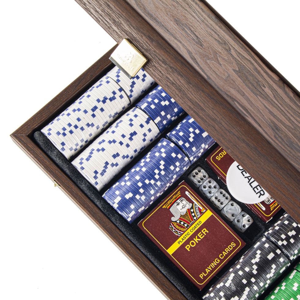 Luxury Poker Set in Dark Walnut Wooden Handcrafted Case with Californian Burl Veneer (by Manopoulos) (PVE20.300U)