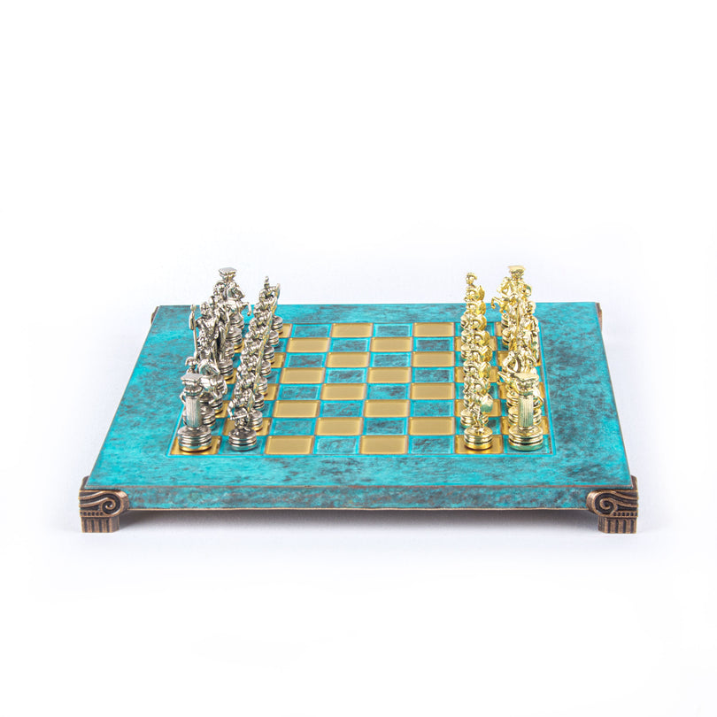 Premium Metalic Chess Set - Greek Roman Period Chessmen in Gold &amp; Silver - Turquoise Chessboard 28x28cm (by Manopoulos) (S3TIR)