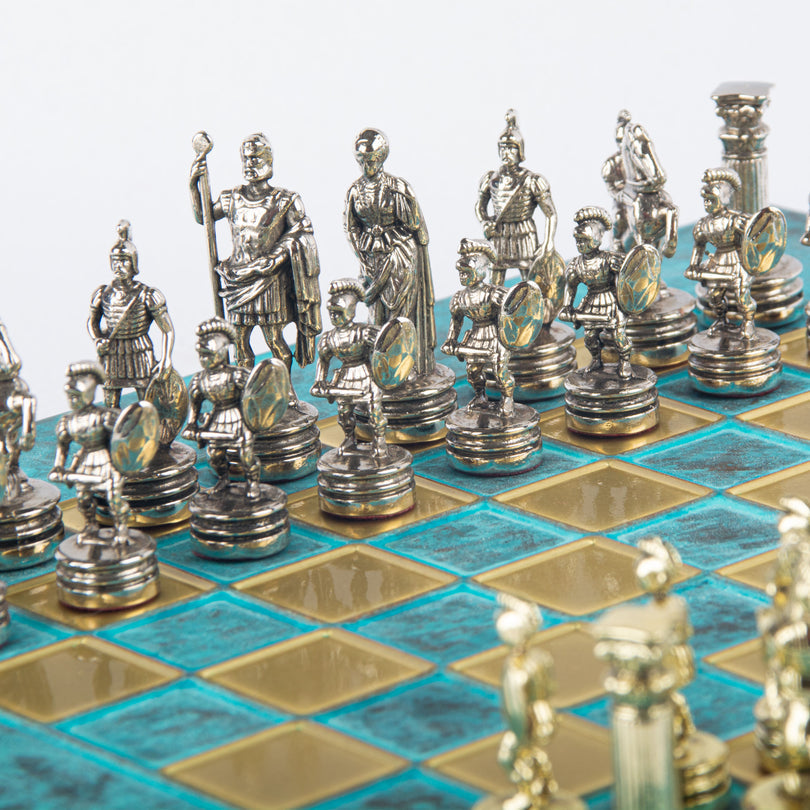 Premium Metalic Chess Set - Greek Roman Period Chessmen in Gold &amp; Silver - Turquoise Chessboard 28x28cm (by Manopoulos) (S3TIR)