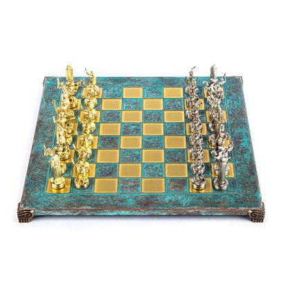 Premium Metalic Chess Set - Greek Roman Period Chessmen in Gold &amp; Silver - Turquoise Chessboard 36x36cm (by Manopoulos) (S4TIR)