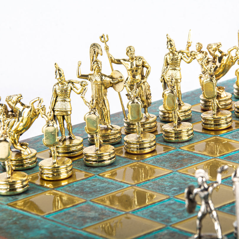Premium Metalic Chess Set - Greek Roman Period Chessmen in Gold &amp; Silver - Turquoise Chessboard 36x36cm (by Manopoulos) (S4TIR)