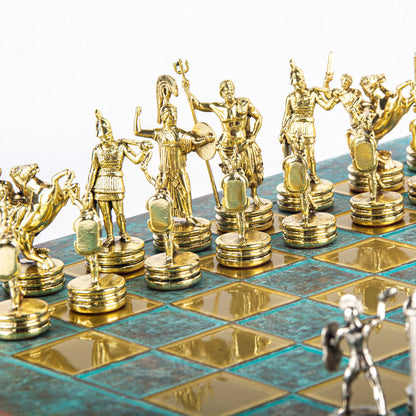 Premium Metalic Chess Set - Greek Roman Period Chessmen in Gold &amp; Silver - Turquoise Chessboard 36x36cm (by Manopoulos) (S4TIR)