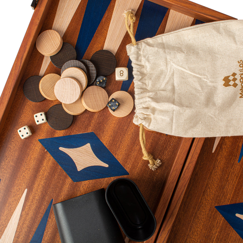 Premium Handcrafted Mahogany Backgammon Set in Blue - Elegant Marquetry Design 48x52cm (by Manopoulos) (TMM1BLU)