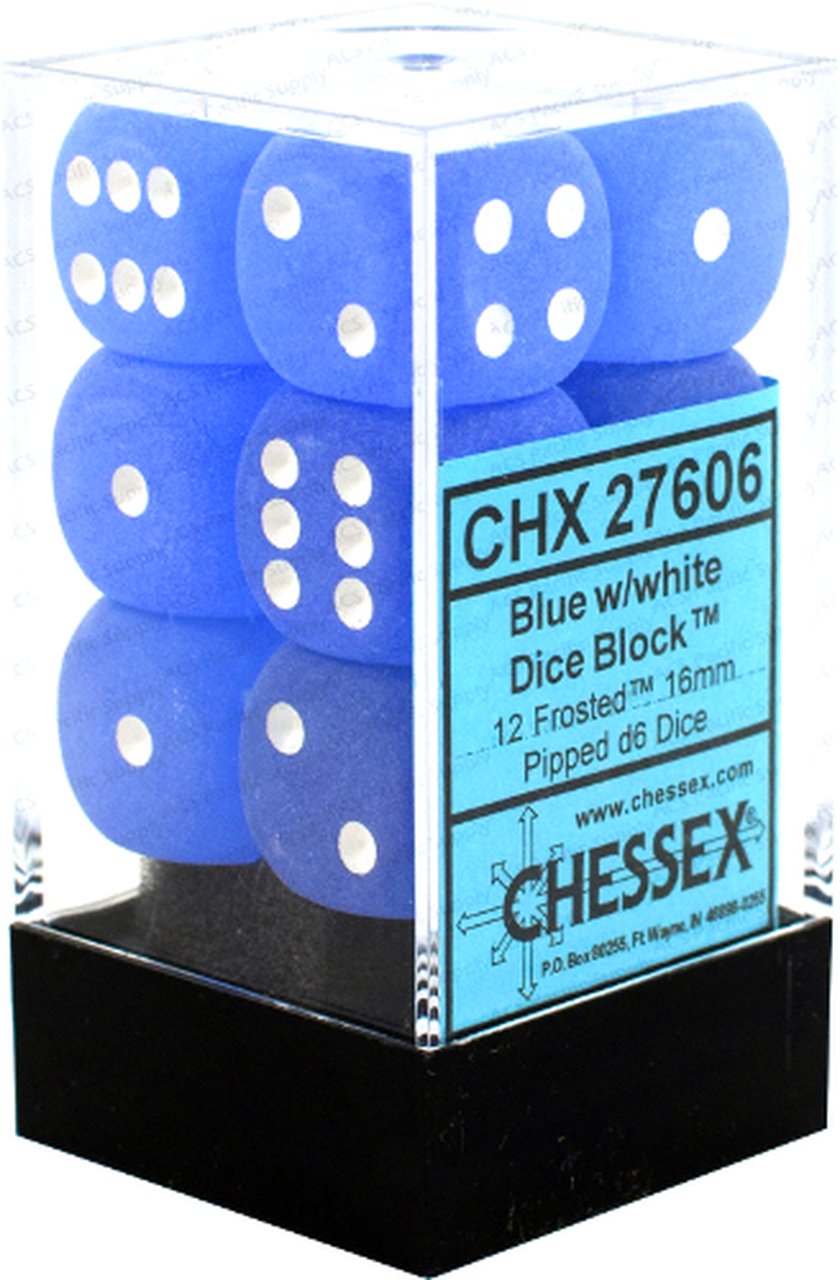 Chessex 16mm d6 with pips Dice Blocks (12 Dice) - Frosted Blue w/white - 601982025151 - CrystalLotus.eu