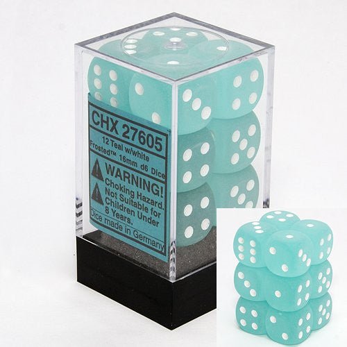 Chessex 16mm d6 with pips Dice Blocks (12 Dice) - Frosted Teal w/white - 601982025144 - CrystalLotus.eu