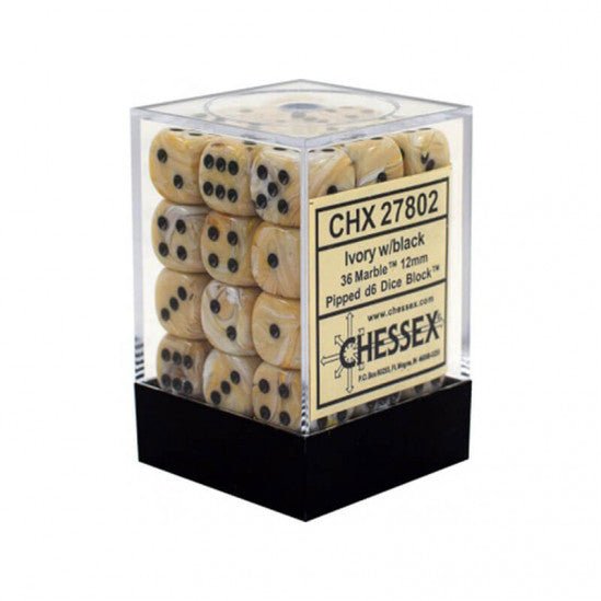 Chessex 16mm d6 with pips Dice Blocks (12 Dice) - Marble Ivory w/black - 601982025120 - CrystalLotus.eu