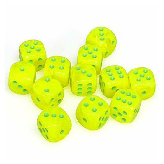 Chessex 16mm d6 with pips Dice Blocks (12 Dice) - Vortex Electric Yellow w/green - 601982025243 - CrystalLotus.eu