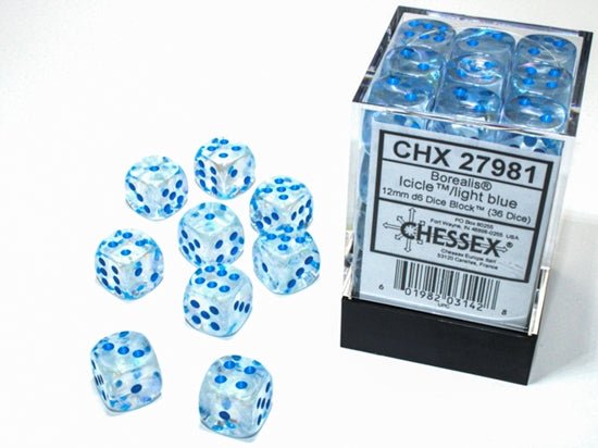 Chessex Borealis 12mm d6 Icicle/light blue Luminary Dice Block (36 dice) - 601982031428 - CrystalLotus.eu