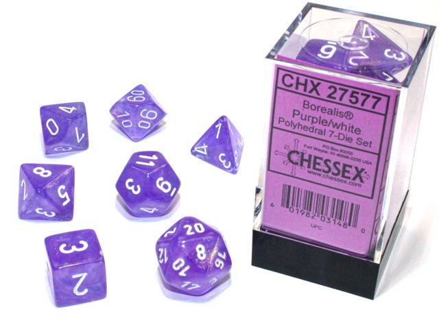 Chessex Borealis Polyhedral Purple/white Luminary 7 - Die Set - 601982031480 - CrystalLotus.eu