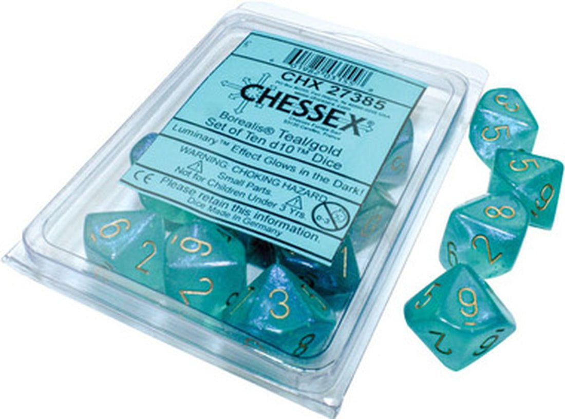 Chessex Borealis Teal/gold Luminary Set of Ten d10s - 601982031558 - CrystalLotus.eu