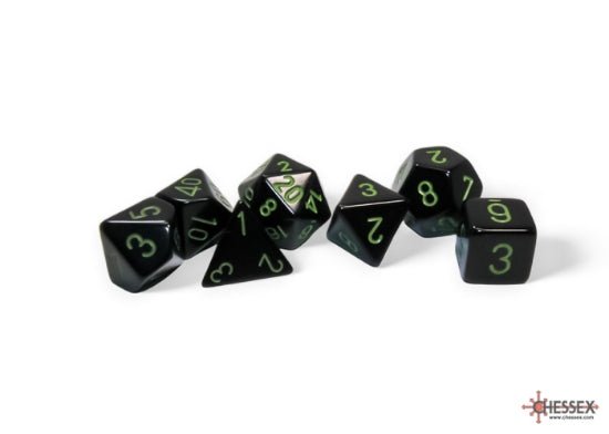 Chessex CHX25458 - Opaque Black/Green Polyhedral 7-Dice Set - 601982044541 - Crystal Lotus