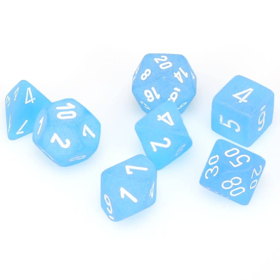 Chessex Frosted 7 - Die Set - Carribean Blue w/white - 601982024611 - CrystalLotus.eu