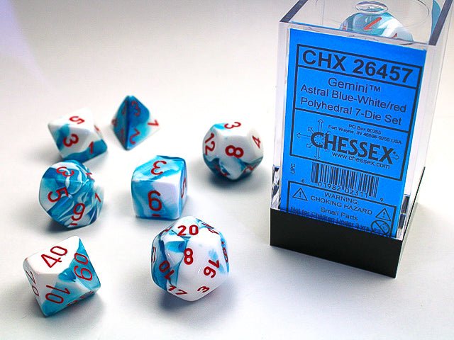 Chessex Gemini Polyhedral 7 - Die Set - Astral Blue - White w/red - 601982023119 - CrystalLotus.eu